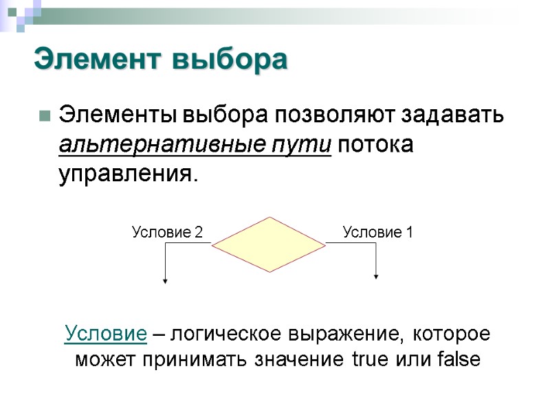 Элемент выбора Элементы выбора позволяют задавать альтернативные пути потока управления.  Условие – логическое